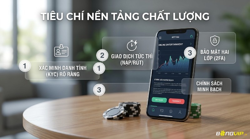 Tiêu chí nền tảng giao dịch chất lượng: KYC, giao dịch nạp/rút tức thì, bảo mật 2FA, chính sách minh bạch trên điện thoại và chip poker