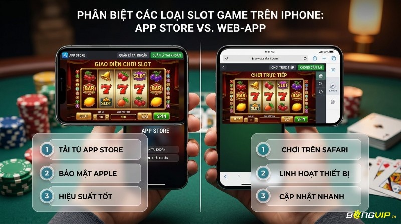 Phân biệt slot game trên điện thoại iPhone: ứng dụng App Store (tải trực tiếp, bảo mật Apple, hiệu suất tốt) và web-app Safari (linh hoạt, cập nhật nhanh) với giao diện trò chơi