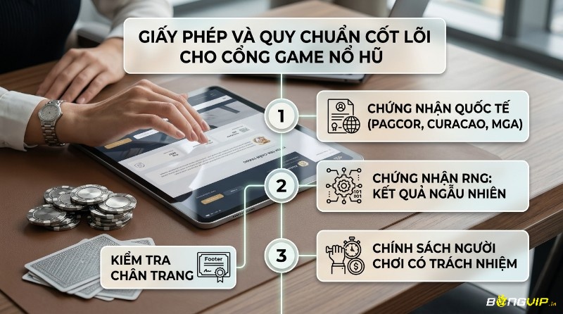 Giấy phép và quy chuẩn cốt lõi cổng slot game trên điện thoại iPhone nổ hũ: giấy phép quốc tế (PAGCOR, Curacao, MGA), RNG, chính sách trách nhiệm, kiểm tra chân trang
